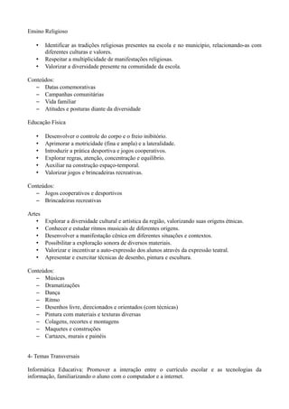 Ensino Religioso

   •    Identificar as tradições religiosas presentes na escola e no município, relacionando-as com
        diferentes culturas e valores.
   •    Respeitar a multiplicidade de manifestações religiosas.
   •    Valorizar a diversidade presente na comunidade da escola.

Conteúdos:
   – Datas comemorativas
   – Campanhas comunitárias
   – Vida familiar
   – Atitudes e posturas diante da diversidade

Educação Física

   •    Desenvolver o controle do corpo e o freio inibitório.
   •    Aprimorar a motricidade (fina e ampla) e a lateralidade.
   •    Introduzir a prática desportiva e jogos cooperativos.
   •    Explorar regras, atenção, concentração e equilíbrio.
   •    Auxiliar na construção espaço-temporal.
   •    Valorizar jogos e brincadeiras recreativas.

Conteúdos:
   – Jogos cooperativos e desportivos
   – Brincadeiras recreativas

Artes
   •    Explorar a diversidade cultural e artística da região, valorizando suas origens étnicas.
   •    Conhecer e estudar ritmos musicais de diferentes origens.
   •    Desenvolver a manifestação cênica em diferentes situações e contextos.
   •    Possibilitar a exploração sonora de diversos materiais.
   •    Valorizar e incentivar a auto-expressão dos alunos através da expressão teatral.
   •    Apresentar e exercitar técnicas de desenho, pintura e escultura.

Conteúdos:
   – Músicas
   – Dramatizações
   – Dança
   – Ritmo
   – Desenhos livre, direcionados e orientados (com técnicas)
   – Pintura com materiais e texturas diversas
   – Colagens, recortes e montagens
   – Maquetes e construções
   – Cartazes, murais e painéis


4- Temas Transversais

Informática Educativa: Promover a interação entre o currículo escolar e as tecnologias da
informação, familiarizando o aluno com o computador e a internet.
 