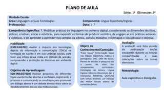 Habilidade:
(EM13LGG702) Avaliar o impacto das tecnologias
digitais da informação e comunicação (TDICs) na
formação do sujeito e em suas práticas sociais, para
fazer uso crítico dessa mídia em práticas de seleção,
compreensão e produção de discursos em ambiente
digital.
Objetivo de Aprendizagem:
(GO-EMLGG702B) Realizar pesquisas de diferentes
tipos usando fontes abertas e confiáveis, registrando o
processo e comunicando os resultados para promover
um diálogo aberto e um debate democrático sobre os
desdobramentos do uso das mídias sociais.
Objeto de
Conhecimento/Conteúdo:
"Fake News" (informação falsa)
nas línguas espanhola, inglesa e
portuguesa. URL. Sites de busca.
Planos de estudos e pesquisa sob
o ponto de vista dos
componentes curriculares.
Estratégias de leitura. Língua
Inglesa: Gêneros discursivos. Ler e
interpretar TIRINHAS, CARTUNS
com temas diversos. Ler notícias
das mídias sociais acerca de
conteúdos falsos.
Metodologia:
Aula expositiva e dialogada.
Avaliação:
A avaliação será feita através
da participação dos/as
estudantes durante as leituras
compartilhadas e suas
colocações sobre os temas
abordados.
PLANO DE AULA
Série: 1ª /Bimestre: 2º
Unidade Escolar:
Área: Linguagens e Suas Tecnologias Componente: Língua Espanhola/Inglesa
Professor(a): Data: / /
Competência Específica: 7. Mobilizar práticas de linguagem no universo digital, considerando as dimensões técnicas,
críticas, criativas, éticas e estéticas, para expandir as formas de produzir sentidos, de engajar-se em práticas autorais
e coletivas, e de aprender a aprender nos campos da ciência, cultura, trabalho, informação e vida pessoal e coletiva.
 