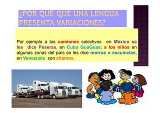 Por ejemplo a los camiones colectivos en México se
les dice Peseras, en Cuba GuaGuas; a los niños en
algunas zonas del país se les dice morros o escuincles,
en Venezuela son chamos.
 