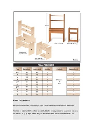 Antes de comenzar
Es conveniente leer los pasos de ejecución. Esto facilitará el correcto armado del mueble.
Además, es recomendable verificar la exactitud de los cortes y realizar el agujereado previo de
las placas a, a', g, g', e y e' según la figura del detalle de las piezas con mechas de 5 mm.
 