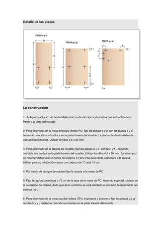 Detalle de las piezas
La construcción
1 . Aplique la solución de borde Melamínico o de otro tipo en los lados que actuarán como
frente o la vista del mueble.
2. Para el armado de la mesa principal (Mesa PC) fijar las placas a y a' con las placas c y b,
haciendo coincidir sus bord e s en la parte trasera del mueble. La placa c le dará resistencia
estructural al mueble. Utilizar tornillos 4,5 x 50 mm.
3. Para el armado de la alzada del mueble, fijar las placas e y e ' con las f y f ', haciendo
coincidir sus bordes en la parte trasera del mueble. Utilizar tornillos 4,5 x 50 mm. En este caso
es recomendable usar un fondo de Ecoplus o Fibro Plus para darle estructura a la alzada.
Utilizar para su colocación clavos con cabeza de 1" cada 15 cm.
4. Por medio de tarugos de madera fijar la alzada a la mesa de PC.
5. Fijar las guías corredizas a 12 cm de la tapa de la mesa de PC, teniendo especial cuidado en
la nivelación del mismo, dado que de lo contrario se verá afectado el correcto deslizamiento del
estante ( d ).
6. Para el armado de la mesa auxiliar (Mesa CPU, impresora y scanner), fijar las placas g y g '
con las h, i y j, haciendo coincidir sus bordes en la parte trasera del mueble.
 