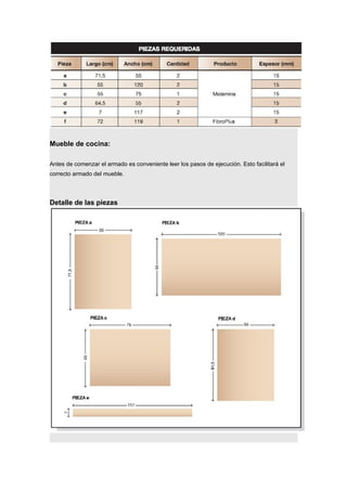 Mueble de cocina:
Antes de comenzar el armado es conveniente leer los pasos de ejecución. Esto facilitará el
correcto armado del mueble.
Detalle de las piezas
 