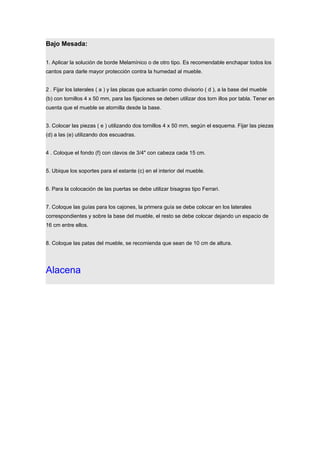 Bajo Mesada:
1. Aplicar la solución de borde Melamínico o de otro tipo. Es recomendable enchapar todos los
cantos para darle mayor protección contra la humedad al mueble.
2 . Fijar los laterales ( a ) y las placas que actuarán como divisorio ( d ), a la base del mueble
(b) con tornillos 4 x 50 mm, para las fijaciones se deben utilizar dos torn illos por tabla. Tener en
cuenta que el mueble se atornilla desde la base.
3. Colocar las piezas ( e ) utilizando dos tornillos 4 x 50 mm, según el esquema. Fijar las piezas
(d) a las (e) utilizando dos escuadras.
4 . Coloque el fondo (f) con clavos de 3/4" con cabeza cada 15 cm.
5. Ubique los soportes para el estante (c) en el interior del mueble.
6. Para la colocación de las puertas se debe utilizar bisagras tipo Ferrari.
7. Coloque las guías para los cajones, la primera guía se debe colocar en los laterales
correspondientes y sobre la base del mueble, el resto se debe colocar dejando un espacio de
16 cm entre ellos.
8. Coloque las patas del mueble, se recomienda que sean de 10 cm de altura.
Alacena
 