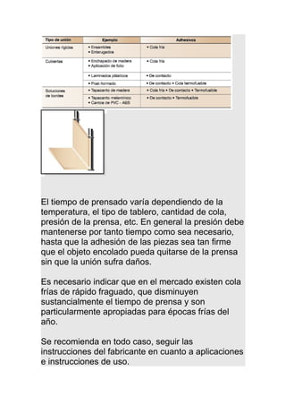 El tiempo de prensado varía dependiendo de la
temperatura, el tipo de tablero, cantidad de cola,
presión de la prensa, etc. En general la presión debe
mantenerse por tanto tiempo como sea necesario,
hasta que la adhesión de las piezas sea tan firme
que el objeto encolado pueda quitarse de la prensa
sin que la unión sufra daños.
Es necesario indicar que en el mercado existen cola
frías de rápido fraguado, que disminuyen
sustancialmente el tiempo de prensa y son
particularmente apropiadas para épocas frías del
año.
Se recomienda en todo caso, seguir las
instrucciones del fabricante en cuanto a aplicaciones
e instrucciones de uso.
 