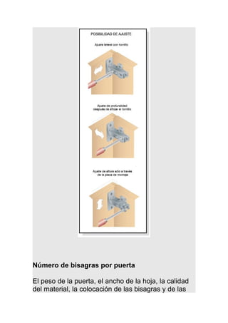 Número de bisagras por puerta
El peso de la puerta, el ancho de la hoja, la calidad
del material, la colocación de las bisagras y de las
 