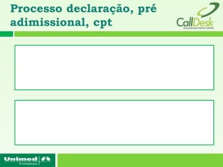 Fluxo da contratação de um plano de
saúde em relação as carências

      INÍCIO.


   Preenchimento
   da Declaração
     de Saúde.



     Detectad      SIM   Aplicação
     o DLP?               de CPT

          NÃO                 SIM
                                           Aplicação
       Pré               Detectad    NÃO       de
    Admissional          o DLP?            Carências
                                            normais
 
