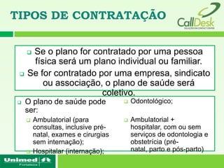 TIPOS DE CONTRATAÇÃO


     Se o plano for contratado por uma pessoa
      física será um plano individual ou familiar.
    Se for contratado por uma empresa, sindicato
         ou associação, o plano de saúde será
                        coletivo.
    O plano de saúde pode              Odontológico;
     ser:
        Ambulatorial (para             Ambulatorial + hospitalar,
         consultas, inclusive pré-       com ou sem serviços de
         natal, exames e cirurgias       odontologia e obstetrícia
         sem internação);                (pré-natal, parto e pós-
        Hospitalar (internação);        parto)
 