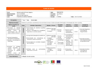 Mod.CF.035/01
PLANO DE SESSÃO
Curso: Multiplicação dePlantas Vegetais Ação: 005/23/FCR
Módulo/Unidade: Solos e Fertilidade Formador: Ana Ribeiro
Público-Alvo: Ativos do Setor Agrícola Sessão nº: 17
Local: FIGUEIRA DE CASTELO RODRIGO Duração: 2 HORAS Data: 03 / 12 / 2013
Pré-requisitos: Se sim, Quais:
Objetivo(s) Geral(ais) Conhecer as principais características do solo tendo em vista a correta utilização, fertilização e conservação dos solos e plantas .
Objetivos Específicos da
Sessão
Etapas Conteúdos Programáticos Métodos e Técnicas
Actividades
Didáticas
Materiais e
Equipamentos
Tempos
Previstos
Avaliação da
Aprendizagem
 Reconhecer os objetivos
específicos para a sessão
 Refletir acerca dos
conhecimentos que têm
sobre a UFCD em análise
Introdução
 Apresentação dos objetivos específicos
para a sessão
 Síntese e abordagem das competências
adquiridas na sessão anterior
 Método Expositivo
– Exposição
Dialogada
 Plenário: –
Diálogo
 Quadro branco
Computador,
videoprojector
15 min
 Avaliação Diagnóstica –
Formulação de
Perguntas Orais
 Realizar Corrigenda da
Avaliação de competências
 Realizar a Autoavaliação da
UFCD 4436
Desenvolvimento
 Corrigenda da Avaliaçãode competências
 Autoavaliação das competências do
Formando à UFCD em questão
 Comunicação dos resultados alcançados
pelo formando
 Método expositivo
– Exposição
Dialogada
interrogativo
 Método
Interrogativo –
Colocação de
Questões
Plenário: –
Diálogo
 Individual –
autoavaliação
e
comunicação
de resultados
 Instrumento de
Autoavaliação
 Corrigenda da
avaliação
 Registo da
Avaliação do
Formando por
Objetivos de
Aprendizagem
30mim
 Avaliação Formativa –
Observação/Formulação
de Questões Escritas
 Sintetizar os principais
aspetos abordados no
decorrer da sessão,
retomando os objetivos
traçados.
 Refletir acerca das
competências adquiridas
Conclusão
 Reflexão sobre os conhecimentos
adquiridos na sessão
 Método Expositivo
- Diálogoe
discussão em
grupo
Plenário –
Diálogo
 Computador,
quadro branco 15min
 Avaliação Formativa –
Formulação de
Questões orais
Prever Alternativas:  Utilização de outros recursos
 