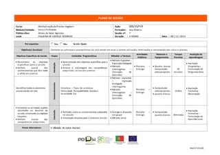 Mod.CF.035/01
PLANO DE SESSÃO
Curso: Multiplicação dePlantas Vegetais Ação: 005/23/FCR
Módulo/Unidade: Solos e Fertilidade Formador: Ana Ribeiro
Público-Alvo: Ativos do Setor Agrícola Sessão nº: 7
Local: FIGUEIRA DE CASTELO RODRIGO Duração: 3 HORAS Data: 08 / 11 / 2013
Pré-requisitos: Se sim, Quais:
Objetivo(s) Geral(ais) Conhecer as principais características do solo tendo em vista a correta utilização, fertilização e conservação dos solos e plantas .
Objetivos Específicos da Sessão Etapas Conteúdos Programáticos Métodos e Técnicas
Actividades
Didáticas
Materiais e
Equipamentos
Tempos
Previstos
Avaliação da
Aprendizagem
 Reconhecer os objetivos
específicos para a sessão
 Refletir acerca dos
conhecimentos que têm sobre
a UFCD em análise
Introdução
 Apresentação dos objetivos específicos para a
sessão
 Síntese e abordagem das competências
adquiridas na sessão anterior
 Método Expositivo –
ExposiçãoDialogada
 Método
Interrogativo –
Colocação de
Questões
 Plenário: –
Diálogo
 Quadro branco
Computador,
videoprojector
45
minutos
 Avaliação
Diagnóstica –
Formulação de
Perguntas Orais
Identificar todos os elementos
caraterizantes do solo
Desenvolvimento
Estrutura. – Tipos de estrutura
Porosidade. Permeabilidade. Coesãoe
tenacidade. Cor
 Método expositivo
– Exposição
Dialogada
interrogativo
 Método
Interrogativo –
Colocação de
Questões
Plenário: –
Diálogo
 Computador,
videoprojector,
 quadro branco
1h45m
 Avaliação
Formativa -
Observação
 Sintetizar os principais aspetos
abordados no decorrer da
sessão, retomando os objetivos
traçados.
 Refletir acerca das
competências adquiridas
Conclusão
 Reflexão sobre os conhecimentos adquiridos
na sessão
 Introdução de pistas para a próxima sessão
 Diálogo e discussão
em grupo
 Método ativo
Plenário –
Diálogo
 Computador,
quadro branco 30minutos
 Avaliação
Formativa –
Formulação de
Questões orais
Prever Alternativas:  Utilização de outros recursos
 