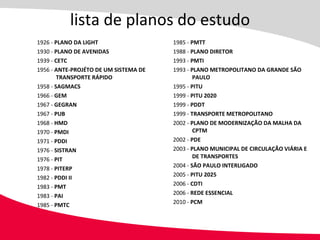 lista de planos do estudo 1926 -  PLANO DA LIGHT 1930 -  PLANO DE AVENIDAS  1939 -  CETC 1956 -  ANTE-PROJÉTO DE UM SISTEMA DE TRANSPORTE RÁPIDO 1958 -  SAGMACS 1966 -  GEM   1967 -  GEGRAN 1967 -  PUB 1968 -  HMD 1970 -  PMDI 1971 -  PDDI 1976 -  SISTRAN 1976 -  PIT 1978 -  PITERP 1982 -  PDDI II 1983 -  PMT 1983 -  PAI 1985 -  PMTC 1985 -  PMTT 1988 -  PLANO DIRETOR 1993 -  PMTI 1993 -  PLANO METROPOLITANO DA GRANDE SÃO PAULO 1995 -  PITU 1999 -  PITU 2020 1999 -  PDDT 1999 -  TRANSPORTE METROPOLITANO 2002 -  PLANO DE MODERNIZAÇÃO DA MALHA DA CPTM 2002 -  PDE 2003 -  PLANO MUNICIPAL DE CIRCULAÇÃO VIÁRIA E DE TRANSPORTES  2004 -  SÃO PAULO INTERLIGADO 2005 -  PITU 2025 2006 -  CDTI 2006 -  REDE ESSENCIAL 2010 -  PCM 