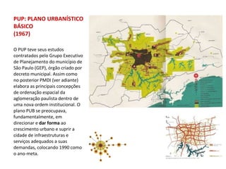 O PUP teve seus estudos contratados pelo Grupo Executivo de Planejamento do município de São Paulo (GEP), órgão criado por decreto municipal. Assim como no posterior PMDI (ver adiante) elabora as principais concepções de ordenação espacial da aglomeração paulista dentro de uma nova ordem institucional. O plano PUB se preocupava, fundamentalmente, em direcionar e  dar forma  ao crescimento urbano e suprir a cidade de infraestruturas e serviços adequados a suas demandas, colocando 1990 como o ano-meta. PUP: PLANO URBANÍSTICO BÁSICO (1967) 