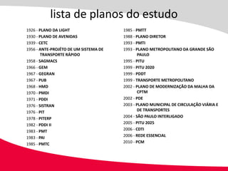 lista de planos do estudo
1926 - PLANO DA LIGHT                  1985 - PMTT
1930 - PLANO DE AVENIDAS               1988 - PLANO DIRETOR
1939 - CETC                            1993 - PMTI
1956 - ANTE-PROJÉTO DE UM SISTEMA DE   1993 - PLANO METROPOLITANO DA GRANDE SÃO
        TRANSPORTE RÁPIDO                      PAULO
1958 - SAGMACS                         1995 - PITU
1966 - GEM                             1999 - PITU 2020
1967 - GEGRAN                          1999 - PDDT
1967 - PUB                             1999 - TRANSPORTE METROPOLITANO
1968 - HMD                             2002 - PLANO DE MODERNIZAÇÃO DA MALHA DA
1970 - PMDI                                    CPTM
1971 - PDDI                            2002 - PDE
1976 - SISTRAN                         2003 - PLANO MUNICIPAL DE CIRCULAÇÃO VIÁRIA E
1976 - PIT                                     DE TRANSPORTES
1978 - PITERP                          2004 - SÃO PAULO INTERLIGADO
1982 - PDDI II                         2005 - PITU 2025
1983 - PMT                             2006 - CDTI
1983 - PAI                             2006 - REDE ESSENCIAL
1985 - PMTC                            2010 - PCM
 