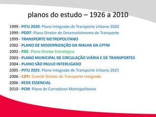 planos do estudo – 1926 a 2010
1999 - PITU 2020: Plano Integrado de Transporte Urbano 2020
1999 - PDDT: Plano Diretor de Desenvolvimento de Transporte
1999 - TRANSPORTE METROPOLITANO
2002 - PLANO DE MODERNIZAÇÃO DA MALHA DA CPTM
2002 - PDE: Plano Diretor Estratégico
2003 - PLANO MUNICIPAL DE CIRCULAÇÃO VIÁRIA E DE TRANSPORTES
2004 - PLANO SÃO PAULO INTERLIGADO
2005 - PITU 2025: Plano Integrado de Transporte Urbano 2025
2006 - CDTI: Comitê Diretor de Transporte Integrado
2006 - REDE ESSENCIAL
2010 - PCM: Plano de Corredores Metropolitanos
 