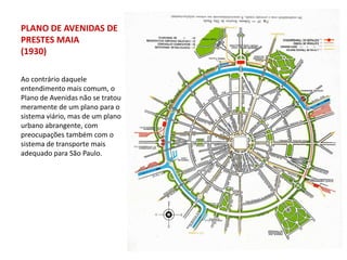 PLANO DE AVENIDAS DE
PRESTES MAIA
(1930)

Ao contrário daquele
entendimento mais comum, o
Plano de Avenidas não se tratou
meramente de um plano para o
sistema viário, mas de um plano
urbano abrangente, com
preocupações também com o
sistema de transporte mais
adequado para São Paulo.
 