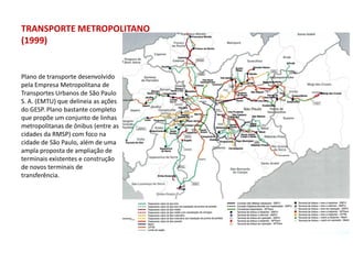 TRANSPORTE METROPOLITANO
(1999)


Plano de transporte desenvolvido
pela Empresa Metropolitana de
Transportes Urbanos de São Paulo
S. A. (EMTU) que delineia as ações
do GESP. Plano bastante completo
que propõe um conjunto de linhas
metropolitanas de ônibus (entre as
cidades da RMSP) com foco na
cidade de São Paulo, além de uma
ampla proposta de ampliação de
terminais existentes e construção
de novos terminais de
transferência.
 