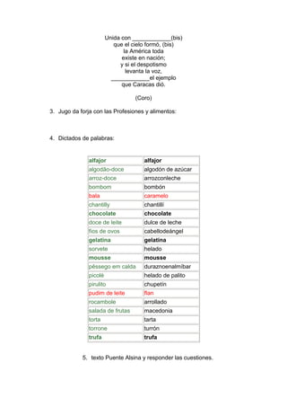 Unida con ____________(bis)
que el cielo formó, (bis)
la América toda
existe en nación;
y si el despotismo
levanta la voz,
____________el ejemplo
que Caracas dió.
(Coro)
3. Jugo da forja con las Profesiones y alimentos:
4. Dictados de palabras:
alfajor alfajor
algodão-doce algodón de azúcar
arroz-doce arrozconleche
bombom bombón
bala caramelo
chantilly chantillí
chocolate chocolate
doce de leite dulce de leche
fios de ovos cabellodeángel
gelatina gelatina
sorvete helado
mousse mousse
pêssego em calda duraznoenalmíbar
picolé helado de palito
pirulito chupetín
pudim de leite flan
rocambole arrollado
salada de frutas macedonia
torta tarta
torrone turrón
trufa trufa
5. texto Puente Alsina y responder las cuestiones.
 