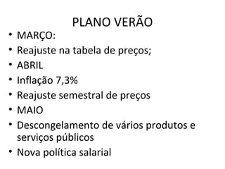 PLANO VERÃO
• MARÇO:
• Reajuste na tabela de preços;
• ABRIL
• Inflação 7,3%
• Reajuste semestral de preços
• MAIO
• Descongelamento de vários produtos e
serviços públicos
• Nova política salarial
 
