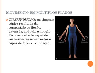 MOVIMENTO EM MÚLTIPLOS PLANOS
 CIRCUNDUÇÃO: movimento
cônico resultado da
composição de flexão,
extensão, abdução e adução.
Toda articulação capaz de
realizar estes movimentos é
capaz de fazer circundução.
 