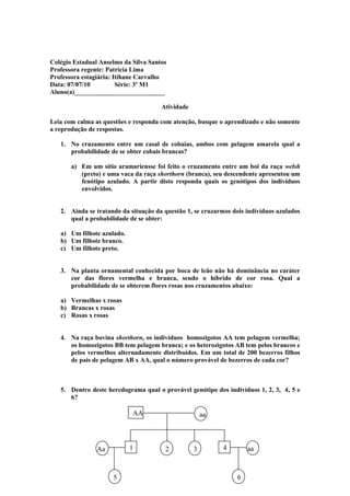 Colégio Estadual Anselmo da Silva Santos
Professora regente: Patrícia Lima
Professora estagiária: Itihane Carvalho
Data: 07/07/10          Série: 3º M1
Aluno(a)____________________________

                                      Atividade

Leia com calma as questões e responda com atenção, busque o aprendizado e não somente
a reprodução de respostas.

   1. No cruzamento entre um casal de cobaias, ambos com pelagem amarela qual a
      probabilidade de se obter cobais brancas?

       a) Em um sítio aramariensse foi feito o cruzamento entre um boi da raça welsh
          (preto) e uma vaca da raça shorthorn (branca), seu descendente apresentou um
          fenótipo azulado. A partir disto responda quais os genótipos dos indivíduos
          envolvidos.


   2. Ainda se tratando da situação da questão 1, se cruzarmos dois indivíduos azulados
      qual a probabilidade de se obter:

   a) Um filhote azulado.
   b) Um filhote branco.
   c) Um filhote preto.


   3. Na planta ornamental conhecida por boca de leão não há dominância no caráter
      cor das flores vermelha e branca, sendo o híbrido de cor rosa. Qual a
      probabilidade de se obterem flores rosas nos cruzamentos abaixo:

   a) Vermelhas x rosas
   b) Brancas x rosas
   c) Rosas x rosas


   4. Na raça bovina shorthorn, os indivíduos homozigotos AA tem pelagem vermelha;
      os homozigotos BB tem pelagem branca; e os heterozigotos AB tem pelos brancos e
      pelos vermelhos alternadamente distribuídos. Em um total de 200 bezerros filhos
      de pais de pelagem AB x AA, qual o número provável de bezerros de cada cor?



   5. Dentro deste heredograma qual o provável genótipo dos indivíduos 1, 2, 3, 4, 5 e
      6?

                            AA                        aa
                                                      a


                Aa          1          2          3         4        aa



                     5                                           6
 