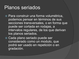 Planos seriados
Para construir una forma volumétrica,
podemos pensar en términos de sus
secciones transversales, o en forma que
puede ser cortada en rodajas, a
intervalos regulares, de los que derivan
los planos seriados.
Cada plano seriado puede ser
considerado como un modulo, que
podrá ser usado en repetición o en
gradación.
