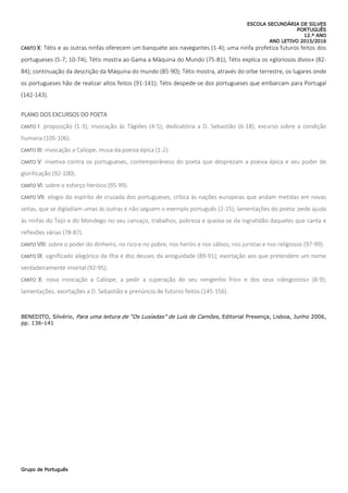 ESCOLA SECUNDÁRIA DE SILVES
PORTUGUÊS
12.º ANO
ANO LETIVO 2015/2016
Grupo de Português
CANTO X: Tétis e as outras ninfas oferecem um banquete aos navegantes (1-4); uma ninfa profetiza futuros feitos dos
portugueses (5-7; 10-74); Tétis mostra ao Gama a Máquina do Mundo (75-81); Tétis explica os «gloriosos divos» (82-
84); continuação da descrição da Máquina do mundo (85-90); Tétis mostra, através do orbe terrestre, os lugares onde
os portugueses hão de realizar altos feitos (91-141); Tétis despede-se dos portugueses que embarcam para Portugal
(142-143).
PLANO DOS EXCURSOS DO POETA
CANTO I: proposição (1-3); invocação às Tágides (4-5); dedicatória a D. Sebastião (6-18); excurso sobre a condição
humana (105-106).
CANTO III: invocação a Calíope, musa da poesia épica (1-2).
CANTO V: invetiva contra os portugueses, contemporâneos do poeta que desprezam a poesia épica e seu poder de
glorificação (92-100).
CANTO VI: sobre o esforço heróico (95-99).
CANTO VII: elogio do espírito de cruzada dos portugueses, crítica às nações europeias que andam metidas em novas
seitas, que se digladiam umas às outras e não seguem o exemplo português (2-15); lamentações do poeta: pede ajuda
às ninfas do Tejo e do Mondego no seu cansaço, trabalhos, pobreza e queixa-se da ingratidão daqueles que canta e
reflexões várias (78-87).
CANTO VIII: sobre o poder do dinheiro, no rico e no pobre, nos heróis e nos sábios, nos juristas e nos religiosos (97-99).
CANTO IX: significado alegórico da Ilha e dos deuses da antiguidade (89-91); exortação aos que pretendem um nome
verdadeiramente imortal (92-95).
CANTO X: nova invocação a Calíope, a pedir a superação do seu «engenho frio» e dos seus «desgostos» (8-9);
lamentações, exortações a D. Sebastião e prenúncio de futuros feitos (145-156).
BENEDITO, Silvério, Para uma leitura de “Os Lusíadas” de Luís de Camões, Editorial Presença, Lisboa, Junho 2006,
pp. 136-141
 