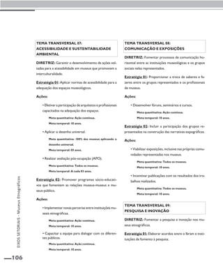 106 
Tema transversal 07: 
acessibilidade e sustentabilidade 
ambiental 
Diretriz: Garantir o desenvolvimento de ações vol-tadas 
para a acessibilidade em museus que promovam a 
interculturalidade. 
Estratégia 01: Aplicar normas de acessibilidade para a 
adequação dos espaços museológicos. 
Ações: 
• Efetivar a participação de arquitetos e profissionais 
capacitados na adequação dos espaços. 
Meta quantitativa: Ação contínua. 
Meta temporal: 10 anos. 
• Aplicar o desenho universal. 
Meta quantitativa: 100% dos museus aplicando o 
desenho universal. 
Meta temporal: 05 anos. 
• Realizar avaliação pós-ocupação (APO). 
Meta quantitativa: Todos os museus. 
Meta temporal: A cada 03 anos. 
Estratégia 02: Promover programas sócio-educati-vos 
que fomentem as relações museus-museus e mu-seus- 
público. 
Ações: 
• Implementar novas parcerias entre instituições mu-seais 
etnográficas. 
Meta quantitativa: Ação contínua. 
Meta temporal: 10 anos. 
• Capacitar a equipe para dialogar com os diferen-tes 
públicos. 
Meta quantitativa: Ação contínua. 
Meta temporal: 10 anos. 
Tema transversal 08: 
Comunicação e exposições 
Diretriz: Fomentar processos de comunicação ho-rizontal 
entre as instituições museológicas e os grupos 
sociais nelas representados. 
Estratégia 01: Proporcionar a troca de saberes e fa-zeres 
entre os grupos representados e os profissionais 
de museus. 
Ações: 
• Desenvolver fóruns, seminários e cursos. 
Meta quantitativa: Ação contínua. 
Meta temporal: 10 anos. 
Estratégia 02: Incluir a participação dos grupos re-presentados 
na construção das narrativas expográficas. 
Ações: 
• Viabilizar exposições, inclusive nas próprias comu-nidades 
representadas nos museus. 
Meta quantitativa: Todos os museus. 
Meta temporal: 10 anos. 
• Incentivar publicações com os resultados dos tra-balhos 
realizados. 
Meta quantitativa: Todos os museus. 
Meta temporal: 10 anos. 
Tema transversal 09: 
Pesquisa e inovação 
Diretriz: Fomentar a pesquisa e inovação nos mu-seus 
etnográficos. 
Estratégia 01: Elaborar acordos entre o Ibram e insti-tuições 
de fomento à pesquisa. 
EIXOS SETORIAIS - Museus Etnográficos 
 