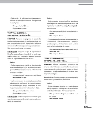 EIXOS SETORIAIS - Arquivos e bibliotecas de museus 
127 
• Publicar obra de referência que relacione a pre-servação 
de acervos arquivísticos, bibliográficos e 
musicológicos. 
Meta quantitativa: 02 livros. 
Meta temporal: 10 anos. 
Tema transversal 03: 
Formação e capacitação 
Diretriz: Promover um programa de capacitação, 
atualização e treinamento de caráter interdisciplinar, vol-tado 
aos profissionais lotados em arquivos e bibliotecas 
de museus, de forma a proporcionar ações e práticas co-laborativas 
e cooperativas em museus. 
Estratégia 01: Assegurar, na ação de capacitação do 
Plano Plurianual do Ibram, a inserção de cursos de capa-citação, 
atualização e treinamento, voltados aos profis-sionais 
de arquivos e bibliotecas de museus. 
Ações: 
• Realizar mapeamento, visando ao diagnóstico das 
necessidades de capacitação de profissionais de ar-quivos 
e bibliotecas de museus, nas esferas federal, 
estadual e municipal. 
Meta quantitativa: 01 mapeamento a cada 05 anos. 
Meta temporal: 05 anos. 
• Implementar cursos de capacitação, atualização e 
treinamento de profissionais de arquivos e bibliote-cas 
de museus para atuação em sistemas de infor-mação 
integrados, considerando a cultura digital. 
Meta quantitativa: 02 oficinas por ano. 
Meta temporal: 10 anos. 
Estratégia 02: Estabelecer parcerias com instituições 
de ensino e pesquisa, visando ao aprimoramento de com-petências 
profissionais. 
Ações: 
• Realizar eventos técnico-científicos, articulando 
ensino e pesquisa, em torno de questões atuais que 
impactem as áreas de Arquivologia, Museologia e Bi-blioteconomia. 
Meta quantitativa: 02 eventos nacionais anuais re-alizados. 
Meta temporal: 10 anos. 
• Firmar parcerias (convênios, termos de coopera-ção 
técnica, etc.) com as universidades e as institui-ções 
de pesquisa, a fim de articular teoria e prática 
nos arquivos e bibliotecas de museus. 
Meta quantitativa: 01 parceria por estado com vi-gência 
de 05 anos. 
Meta temporal: 05 anos. 
Tema transversal 04: 
Educação e ação social 
Diretriz: Articular e incentivar a participação dos 
arquivos e das bibliotecas nas atividades educativas do 
museu, garantindo a inserção destes espaços no desen-volvimento 
e fortalecimento da função social das insti-tuições 
museológicas. 
Estratégia 01: Estimular a integração dos arquivos e bi-bliotecas 
nas ações educativas dos museus. 
Ações: 
• Criar produtos que demonstrem a importância do 
acervo arquivístico e bibliográfico do museu como 
produção simbólica dos diversos atores sociais. 
Meta quantitativa: Um produto de difusão anual 
por museu. 
Meta temporal: 10 anos. 
 