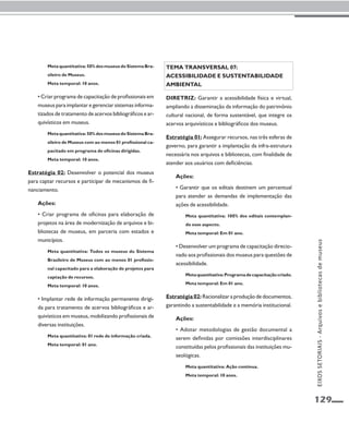 129 
Meta quantitativa: 50% dos museus do Sistema Bra-sileiro 
de Museus. 
Meta temporal: 10 anos. 
• Criar programa de capacitação de profissionais em 
museus para implantar e gerenciar sistemas informa-tizados 
de tratamento de acervos bibliográficos e ar-quivísticos 
em museus. 
Meta quantitativa: 50% dos museus do Sistema Bra-sileiro 
de Museus com ao menos 01 profissional ca-pacitado 
em programa de oficinas dirigidas. 
Meta temporal: 10 anos. 
Estratégia 02: Desenvolver o potencial dos museus 
para captar recursos e participar de mecanismos de fi-nanciamento. 
Ações: 
• Criar programa de oficinas para elaboração de 
projetos na área de modernização de arquivos e bi-bliotecas 
de museus, em parceria com estados e 
municípios. 
Meta quantitativa: Todos os museus do Sistema 
Brasileiro de Museus com ao menos 01 profissio-nal 
capacitado para a elaboração de projetos para 
captação de recursos. 
Meta temporal: 10 anos. 
• Implantar rede de informação permanente dirigi-da 
para tratamento de acervos bibliográficos e ar-quivísticos 
em museus, mobilizando profissionais de 
diversas instituições. 
Meta quantitativa: 01 rede de informação criada. 
Meta temporal: 01 ano. 
Tema transversal 07: 
Acessibilidade e sustentabilidade 
ambiental 
Diretriz: Garantir a acessibilidade física e virtual, 
ampliando a disseminação da informação do patrimônio 
cultural nacional, de forma sustentável, que integre os 
acervos arquivísticos e bibliográficos dos museus. 
Estratégia 01: Assegurar recursos, nas três esferas de 
governo, para garantir a implantação da infra-estrutura 
necessária nos arquivos e bibliotecas, com finalidade de 
atender aos usuários com deficiências. 
Ações: 
• Garantir que os editais destinem um percentual 
para atender as demandas de implementação das 
ações de acessibilidade. 
Meta quantitativa: 100% dos editais contemplan-do 
esse aspecto. 
Meta temporal: Em 01 ano. 
• Desenvolver um programa de capacitação direcio-nado 
aos profissionais dos museus para questões de 
acessibilidade. 
Meta quantitativa: Programa de capacitação criado. 
Meta temporal: Em 01 ano. 
Estratégia 02: Racionalizar a produção de documentos, 
garantindo a sustentabilidade e a memória institucional. 
Ações: 
• Adotar metodologias de gestão documental a 
serem definidas por comissões interdisciplinares 
constituídas pelos profissionais das instituições mu-seológicas. 
Meta quantitativa: Ação contínua. 
Meta temporal: 10 anos. 
EIXOS SETORIAIS - Arquivos e bibliotecas de museus 
 