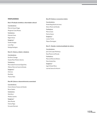 133 
Miniplenárias 
Eixo I: Produção simbólica e diversidade cultural 
Coordenadores: 
Mario de Souza Chagas 
Margarete Costa Moraes 
Facilitadoras: 
Dulcinéa Cassis 
Regina Nunes 
Estagiárias:* 
Fumiko Kanegae 
Laura Papa 
Rodrigo Rodrigues 
Eixo II – Cultura, cidade e cidadania 
Coordenadoras: 
Ena Elvira Colnago 
Claudia Maria Pinheiro Storino 
Facilitadoras: 
Maria Isabel Drummond Oppel Silva 
Walnice Maria da Costa de Almeida 
Estagiários:* 
Ariel Lins 
Elisa Bulat 
Thomas Nizio 
Eixo III: Cultura e desenvolvimento sustentável 
Coordenadores: 
Cícero Antonio Fonseca de Almeida 
Bruno Sadeck 
Facilitadores: 
Sílvia Brum 
Wankes Leandro 
Estagiárias:* 
Aline Macedo 
Clarissa Pegas 
Fernanda Werneck 
Eixo IV: Cultura e economia criativa 
Coordenadores: 
Eneida Braga Rocha de Lemos 
Álvaro Marins de Almeida 
Facilitadoras: 
Marcia Cassis 
Patrícia Santos 
Estagiárias:* 
Luciana Torres 
Mayara Domingues 
Eixo V – Gestão e institucionalidade da cultura 
Coordenadoras: 
Jane Carla Lopes Mendonça 
Rose Moreira de Miranda 
Facilitadoras: 
Maria da Penha de Oliveira 
Maria Amelia Dias 
Estagiárias:* 
Ingrid Orlandi Meira 
Laís dos Santos de Amorim 
 