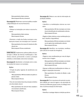 45 
Meta quantitativa: Ação contínua. 
Meta temporal: 05 anos, trimestral. 
Estratégia 02: Modernizar a estrutura pública e ampliar 
a disponibilização de recursos financeiros. 
Ações: 
• Adequar as instituições com meios e recursos hu-manos. 
Meta quantitativa: Ação contínua. 
Meta temporal: 10 anos. 
• Estimular a criação dos fundos municipais e esta-duais 
para museus, em articulação com o nacional. 
Meta quantitativa: Ao menos 01 iniciativa de difu-são 
por ano. 
Meta temporal: 10 anos, anualmente. 
Diretriz 03 : Implementar políticas públicas de pre-servação 
e difusão das diversas manifestações e refe-rências 
culturais, promovendo o acesso à produção 
simbólica e à diversidade cultural dos municípios. 
Estratégia 01: Aprofundar a articulação entre o siste-ma 
estadual de museus e os municípios. 
Ações: 
• Criação de pólos regionais de atendimento aos 
municípios. 
Meta quantitativa: 100% dos estados com pólos re-gionais 
criados. 
Meta temporal: 02 anos. 
• Feira de intercâmbio bienal da produção simbólica 
e da diversidade cultural. 
Meta quantitativa: Ao menos 01 feira estadual e 
uma nacional a cada 02 anos. 
Meta temporal: 10 anos. 
Estratégia 02: Elaborar uma rede de informações da 
produção simbólica. 
Ações: 
• Identificar as manifestações culturais nos muni-cípios. 
Meta quantitativa: 50% dos municípios com inicia-tivas 
de identificação de manifestações culturais. 
Meta temporal: 02 anos. 
• Registrar dados relativos a estas manifestações (co-letar, 
classificar, disponibilizar). 
Meta quantitativa: 50% dos municípios com iniciati-vas 
de registro das manifestações culturais. 
Meta temporal: 02 anos. 
Estratégia 03: Identificar, nos municípios, manifesta-ções 
culturais em estado de emergência. 
Ações: 
• Registrar estas manifestações por meio de depoi-mentos 
orais e imagens. 
Meta quantitativa: 50% dos municípios com iniciati-vas 
de registro das manifestações culturais. 
Meta temporal: 02 anos. 
• Agrupar as diferentes manifestações em vídeos, ca-tálogos 
e exposições itinerantes. 
Meta quantitativa: 01 produto de difusão a cada 
02 anos. 
Meta temporal: 10 anos. 
Estratégia 04: Criar mecanismos de estímulo à produ-ção 
e difusão, por meio do registro e da valorização da 
memória de diferentes grupos sociais, do diálogo entre 
eles e da democratização da informação. 
Ações: 
• Identificar e catalogar objetos e coleções que abran- 
EIXO I - Produção simbólica e diversidade cultural 
 