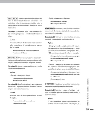 57 
Diretriz 08 : Fomentar e implementar políticas pú-blicas 
de democratização do acesso aos museus e aos 
patrimônios culturais, com ações articuladas entre as 
esferas federal, estadual, distrital e municipal de educa-ção 
e cultura. 
Estratégia 01: Incentivar ações e parcerias entre ór-gãos 
e instituições públicas e privadas de educação e de 
cultura. 
Ações: 
• Constituir fóruns de discussão entre as institui-ções 
museológicas, de educação e outros segmen-tos 
da cultura. 
Meta quantitativa: 01 Fórum nacional bienal. 
Meta temporal: 10 anos. 
Diretriz 09 : Desenvolver programas de apoio à re-vitalização 
e adequação de uso de espaços públicos ocio-sos, 
para que sejam utilizados por programas museais. 
Estratégia 01: Restaurar espaços públicos para instala-ção 
de centros de memória. 
Ações: 
• Recuperar espaços em desuso. 
Meta quantitativa: Ação contínua. 
Meta temporal: 10 anos. 
Estratégia 02: Identificar os saberes e fazeres da comu-nidade, 
com o objetivo de elaborar programas que con-templem 
as diversidades culturais. 
Ações: 
• Formar banco de dados para cadastrar as mani-festações. 
Meta quantitativa: 01 banco de dados. 
Meta temporal: Anual. 
• Definir áreas a serem trabalhadas. 
Meta quantitativa: 02 áreas. 
Meta temporal: Semestral. 
Diretriz 10 : Fomentar a relação museu-comunida-de, 
por meio do incentivo à criação de museus dedica-dos 
à memória comunitária. 
Estratégia 01: Estimular as comunidades a conhecer, 
recuperar e preservar seu patrimônio cultural. 
Ações: 
• Criar programas de educação patrimonial – presen-ciais 
e a distância - nas comunidades, para a funda-ção 
dos museus comunitários, numa parceria MinC, 
MEC, secretarias estaduais de cultura e educação. 
Meta quantitativa: Promoção anual de um progra-ma 
em cada macrorregião dos estados. 
Meta temporal: 10 anos. 
• Garantir a organização de museus nas comunida-des, 
ampliando os investimentos do programa Pon-tos 
de Memória, bem como do edital Mais Museus. 
Meta quantitativa: Ampliar em 20%, ao ano, o valor 
dos editais Mais Museus e dos recursos para Pon-tos 
de Memória. 
Meta temporal: 10 anos. 
Diretriz 11 : Estabelecer uma política de acessibilida-de 
universal para museus e centros culturais. 
Estratégia 01: Estimular a criação de legislação e pro-duzir 
orientações sobre acessibilidade para museus e 
centros culturais. 
Ações: 
• Criar e implementar normas e procedimentos es-pecíficos 
para museus e centros culturais para ga- 
EIXO II - Cultura, cidade e cidadania 
 