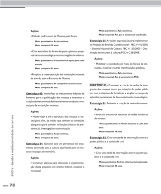 78 
Ações: 
• Difusão do Estatuto de Museus pelo Ibram. 
Meta quantitativa: Ação contínua. 
Meta temporal: 10 anos. 
• Criar escritório do Ibram de apoio a planos e proje-tos 
na área museológica nas cinco regiões brasileiras. 
Meta quantitativa: 01 escritório de apoio para cada 
estado. 
Meta temporal: 05 anos. 
• Propiciar a reestruturação das instituições museais 
de acordo com o Estatuto de Museus. 
Meta quantitativa: 01 campanha nacional anual. 
Meta temporal: 01 ano. 
Estratégia 03: Intensificar os mecanismos federais de 
fomento para a qualificação dos museus e incentivar a 
criação de mecanismos de financiamento estaduais e mu-nicipais 
de instituições museais. 
Ações: 
• Modernizar a infra-estrutura dos museus e ins-tituições 
afins, de modo que tenham as condições 
adequadas para atender às funções básicas de pre-servação, 
investigação e comunicação. 
Meta quantitativa: Ação contínua. 
Meta temporal: 10 anos. 
Estratégia 04: Garantir que um percentual do orça-mento 
destinado para a cultura seja fixado para os mu-seus 
e espaços de memória. 
Ações: 
• Construir alianças para discussão e implementa-ção 
desta proposta em âmbito federal, estadual e 
municipal. 
Meta quantitativa: Ação contínua. 
Meta temporal: Até que o percentual seja fixado. 
Estratégia 05: Articular a aprovação para implementar 
os Projetos de Emenda Constitucional – PEC no 416/2005 
– Sistema Nacional de Cultura; PEC no 150/2003 – Des-tinação 
de recursos à cultura; PEC no 236/2008. 
Ações: 
• Mobilizar a sociedade por meio de fóruns de dis-cussão, 
moções e outras manifestações públicas. 
Meta quantitativa: Ação contínua. 
Meta temporal: Até a aprovação da PEC. 
Diretriz 03 : Promover a criação de redes de inte-gração 
dos museus, com a participação do poder públi-co, 
com o objetivo de fortalecer e ampliar o campo de 
ação dos mecanismos de desenvolvimento museológico. 
Estratégia 01: Estimular a criação de redes de museus. 
Ações: 
• Articular encontros nacionais de redes temáticas 
de museus. 
Meta quantitativa: 01 fórum nacional a cada dois 
anos. 
Meta temporal: 10 anos. 
Estratégia 02: Criar uma rede de informações entre o 
poder público e a sociedade civil. 
Ações: 
• Criar uma rede de informações entre o poder pú-blico 
e a sociedade civil. 
Meta quantitativa: Rede de informação implantada. 
Meta temporal: 05 anos. 
EIXO V - Gestão e institucionalidade da cultura 
 