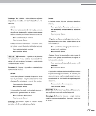 79 
Estratégia 03: Garantir a participação dos segmen-tos 
populares nas redes, com a criação de fóruns per-manentes. 
Ações: 
• Promover o intercâmbio de informações por meio 
da realização de exposições, oficinas, cursos de capa-citação, 
conferências e eventos científicos e culturais. 
Meta quantitativa: Ação contínua. 
Meta temporal: 10 anos. 
• Elaborar material informativo e educativo, consi-derando 
as peculiaridades das realidades regionais. 
Meta quantitativa: Ação contínua. 
Meta temporal: 10 anos. 
Diretriz 04 : Fomentar a capacitação de profissio-nais 
que atuam em museus nas áreas técnicas e adminis-trativas 
e de outros agentes locais para a modernização 
e revitalização dos museus. 
Estratégia 01: Estimular a formação e a capacitação dos 
profissionais de museus. 
Ações: 
• Articular ações para implantação de cursos técni-cos, 
de graduação e pós-graduação na área muse-ológica 
e afins, priorizando o interior dos estados. 
Meta quantitativa: Ação contínua. 
Meta temporal: 10 anos. 
• Contemplar a formação continuada de gestores e 
profissionais ligados ao setor de museus. 
Meta quantitativa: Ação contínua. 
Meta temporal: 10 anos. 
Estratégia 02: manter e ampliar os cursos e oficinas 
oferecidos pelo Ibram, na área museológica. 
Ações: 
• Oferecer cursos, oficinas, palestras, seminários 
e fóruns. 
Meta quantitativa: Aumentar continuamente a 
oferta de cursos, oficinas, palestras, seminários 
e fóruns. 
Meta temporal: 10 anos. 
• Organizar um banco de dados para acompanhar o 
desenvolvimento dos cursos, oficinas, palestras, se-minários 
e fóruns. 
Meta quantitativa: Cada grupo deve implantar o 
projeto em 05 municípios. 
Meta temporal: 05 anos. 
• Realizar oficinas de capacitação na área museal, de 
forma a criar agentes multiplicadores nas regiões in-terioranas 
dos estados. 
Meta quantitativa: Implantação do projeto em 05 
municípios. 
Meta temporal: 05 anos. 
• Promover atividades de cooperação entre insti-tuições 
museológicas do Brasil e do exterior para 
desenvolvimento, implementação e aprimoramen-to 
de sistemas de informação, catalogação e gestão 
de acervos. 
Meta quantitativa: 02 eventos por ano. 
Meta temporal: 10 anos. 
Diretriz 05 : Fortalecer as políticas públicas para mu-seus 
em âmbito municipal, estadual e distrital. 
Estratégia 01: Incentivar e apoiar a criação e a dina-mização 
dos sistemas estaduais, distrital e municipais 
de museus. 
EIXO V - Gestão e institucionalidade da cultura 
 