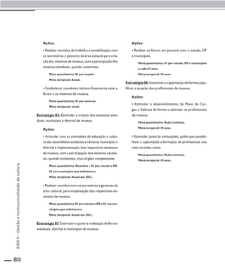 80 
Ações: 
• Realizar reuniões de trabalho e sensibilização com 
os secretários e gestores da área cultural para cria-ção 
dos sistemas de museus, com a participação dos 
sistemas estaduais, quando existentes. 
Meta quantitativa: 01 por estado. 
Meta temporal: Anual. 
• Estabelecer convênios técnico-financeiros ente o 
Ibram e os sistemas de museus. 
Meta quantitativa: 01 por sistema. 
Meta temporal: anual. 
Estratégia 02: Estimular a criação dos estatutos esta-duais, 
municipais e distrital de museus. 
Ações: 
• Articular com as comissões de educação e cultu-ra 
das assembléias estaduais e câmaras municipais e 
distrital a implementação dos respectivos estatutos 
de museus, com a participação dos sistemas estadu-ais, 
quando existentes, e/ou órgãos competentes. 
Meta quantitativa: Reuniões – 01 por estado e DF, 
01 nos municípios que solicitarem. 
Meta temporal: Anual até 2013. 
• Realizar reuniões com os secretários e gestores da 
área cultural, para implantação dos respectivos es-tatutos 
de museus. 
Meta quantitativa: 01 por estado e DF e 01 nos mu-nicípios 
que solicitarem. 
Meta temporal: Anual até 2013. 
Estratégia 03: Estimular e apoiar a realização de fóruns 
estaduais, distrital e municipais de museus. 
Ações: 
• Realizar os fóruns em parceria com o estado, DF 
e municípios. 
Meta quantitativa: 01 por estado, DF e municípios 
a cada 02 anos. 
Meta temporal: 10 anos. 
Estratégia 04: Incentivar a capacitação de forma a qua-lificar 
a atuação dos profissionais de museus. 
Ações: 
• Estimular o desenvolvimento do Plano de Car-gos 
e Salários de forma a valorizar os profissionais 
de museus. 
Meta quantitativa: Ação contínua. 
Meta temporal: 10 anos. 
• Estimular, junto às instituições, ações que possibi-litem 
a capacitação e formação de profissionais nos 
mais variados níveis. 
Meta quantitativa: Ação contínua. 
Meta temporal: 10 anos. 
EIXO V - Gestão e institucionalidade da cultura 
 