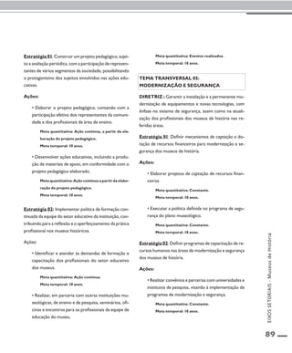 89 
Estratégia 01: Construir um projeto pedagógico, sujei-to 
a avaliação periódica, com a participação de represen-tantes 
de vários segmentos da sociedade, possibilitando 
o protagonismo dos sujeitos envolvidos nas ações edu-cativas. 
Ações: 
• Elaborar o projeto pedagógico, contando com a 
participação efetiva dos representantes da comuni-dade 
e dos profissionais da área de ensino. 
Meta quantitativa: Ação contínua, a partir da ela-boração 
do projeto pedagógico. 
Meta temporal: 10 anos. 
• Desenvolver ações educativas, incluindo a produ-ção 
de materiais de apoio, em conformidade com o 
projeto pedagógico elaborado. 
Meta quantitativa: Ação contínua a partir da elabo-ração 
do projeto pedagógico. 
Meta temporal: 10 anos. 
Estratégia 02: Implementar política de formação con-tinuada 
da equipe do setor educativo da instituição, con-tribuindo 
para a reflexão e o aperfeiçoamento da prática 
profissional nos museus históricos. 
Ações: 
• Identificar e atender às demandas de formação e 
capacitação dos profissionais do setor educativo 
dos museus. 
Meta quantitativa: Ação contínua. 
Meta temporal: 10 anos. 
• Realizar, em parceria com outras instituições mu-seológicas, 
de ensino e de pesquisa, seminários, ofi-cinas 
e encontros para os profissionais da equipe de 
educação do museu. 
Meta quantitativa: Eventos realizados. 
Meta temporal: 10 anos. 
Tema transversal 05: 
Modernização e segurança 
Diretriz : Garantir a instalação e a permanente mo-dernização 
de equipamentos e novas tecnologias, com 
ênfase no sistema de segurança, assim como na atuali-zação 
dos profissionais dos museus de história nas re-feridas 
áreas. 
Estratégia 01: Definir mecanismos de captação e do-tação 
de recursos financeiros para modernização e se-gurança 
dos museus de história. 
Ações: 
• Elaborar projetos de captação de recursos finan-ceiros. 
Meta quantitativa: Constante. 
Meta temporal: 10 anos. 
• Executar a política definida no programa de segu-rança 
do plano museológico. 
Meta quantitativa: Constante. 
Meta temporal: 10 anos. 
Estratégia 02: Definir programas de capacitação de re-cursos 
humanos nas áreas de modernização e segurança 
dos museus de história. 
Ações: 
• Realizar convênios e parcerias com universidades e 
institutos de pesquisa, visando à implementação de 
programas de modernização e segurança. 
Meta quantitativa: Constante. 
Meta temporal: 10 anos. 
EIXOS SETORIAIS - Museus de História 
 