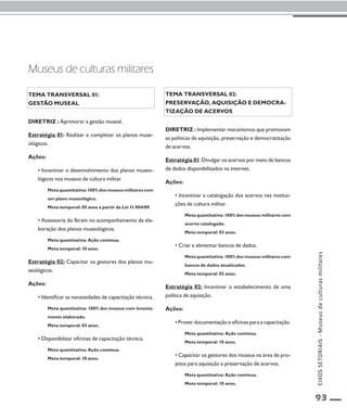 93 
Tema transversal 01: 
Gestão museal 
Diretriz : Aprimorar a gestão museal. 
Estratégia 01: Realizar e completar os planos muse-ológicos. 
Ações: 
• Incentivar o desenvolvimento dos planos museo-lógicos 
nos museus de cultura militar. 
Meta quantitativa: 100% dos museus militares com 
um plano museológico. 
Meta temporal: 05 anos a partir da Lei 11.904/09. 
• Assessoria do Ibram no acompanhamento da ela-boração 
dos planos museológicos. 
Meta quantitativa: Ação contínua. 
Meta temporal: 10 anos. 
Estratégia 02: Capacitar os gestores dos planos mu-seológicos. 
Ações: 
• Identificar as necessidades de capacitação técnica. 
Meta quantitativa: 100% dos museus com levanta-mento 
elaborado. 
Meta temporal: 03 anos. 
• Disponibilizar oficinas de capacitação técnica. 
Meta quantitativa: Ação contínua. 
Meta temporal: 10 anos. 
Tema transversal 02: 
Preservação, aquisição e democra-tização 
de acervos 
Diretriz : Implementar mecanismos que promovam 
as políticas de aquisição, preservação e democratização 
de acervos. 
Estratégia 01: Divulgar os acervos por meio de bancos 
de dados disponibilizados na internet. 
Ações: 
• Incentivar a catalogação dos acervos nas institui-ções 
de cultura militar. 
Meta quantitativa: 100% dos museus militares com 
acervo catalogado. 
Meta temporal: 03 anos. 
• Criar e alimentar bancos de dados. 
Meta quantitativa: 100% dos museus militares com 
bancos de dados atualizados. 
Meta temporal: 03 anos. 
Estratégia 02: Incentivar o estabelecimento de uma 
política de aquisição. 
Ações: 
• Prover documentação e oficinas para a capacitação. 
Meta quantitativa: Ação contínua. 
Meta temporal: 10 anos. 
• Capacitar os gestores dos museus na área de pro-jetos 
para aquisição e preservação de acervos. 
Meta quantitativa: Ação contínua. 
Meta temporal: 10 anos. 
Museus de culturas militares 
EIXOS SETORIAIS - Museus de culturas militares 
 