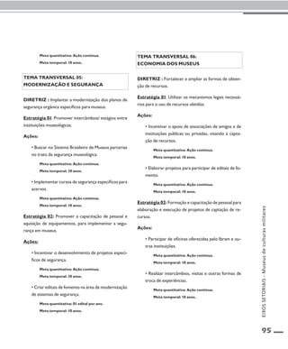 95 
Meta quantitativa: Ação contínua. 
Meta temporal: 10 anos. 
Tema transversal 05: 
Modernização e segurança 
Diretriz : Implantar a modernização dos planos de 
segurança orgânica específicos para museus. 
Estratégia 01: Promover intercâmbios/ estágios entre 
instituições museológicas. 
Ações: 
• Buscar no Sistema Brasileiro de Museus parcerias 
no trato da segurança museológica. 
Meta quantitativa: Ação contínua. 
Meta temporal: 10 anos. 
• Implementar cursos de segurança específicos para 
acervos. 
Meta quantitativa: Ação contínua. 
Meta temporal: 10 anos. 
Estratégia 02: Promover a capacitação de pessoal e 
aquisição de equipamentos, para implementar a segu-rança 
em museus. 
Ações: 
• Incentivar o desenvolvimento de projetos especí-ficos 
de segurança. 
Meta quantitativa: Ação contínua. 
Meta temporal: 10 anos. 
• Criar editais de fomento na área de modernização 
de sistemas de segurança. 
Meta quantitativa: 01 edital por ano. 
Meta temporal: 10 anos. 
Tema transversal 06: 
Economia dos museus 
Diretriz : Fortalecer e ampliar as formas de obten-ção 
de recursos. 
Estratégia 01: Utilizar os mecanismos legais necessá-rios 
para o uso de recursos obtidos. 
Ações: 
• Incentivar o apoio de associações de amigos e de 
instituições públicas ou privadas, visando à capta-ção 
de recursos. 
Meta quantitativa: Ação contínua. 
Meta temporal: 10 anos. 
• Elaborar projetos para participar de editais de fo-mento. 
Meta quantitativa: Ação contínua. 
Meta temporal: 10 anos. 
Estratégia 02: Formação e capacitação de pessoal para 
elaboração e execução de projetos de captação de re-cursos. 
Ações: 
• Participar de oficinas oferecidas pelo Ibram e ou-tras 
instituições. 
Meta quantitativa: Ação contínua. 
Meta temporal: 10 anos. 
• Realizar intercâmbios, visitas e outras formas de 
troca de experiências. 
Meta quantitativa: Ação contínua. 
Meta temporal: 10 anos. 
EIXOS SETORIAIS - Museus de culturas militares 
 