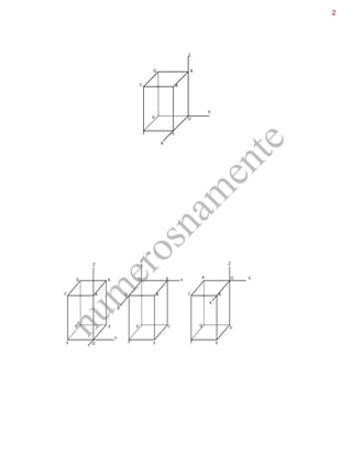 B
E
D
C
G
O
F
Z
Y
A
X
A
B
FF
E
D
C
G A
B
E
D C
O
F
A
B
E
G
F
O
C
D
Z
Z
Z
Y
Y Y
G
O
X
X
num
erosnam
ente
23-
Considere o paralelepípedo definido no referêncial ortonormado OXYZ
Sabe-se que a base (FEOD) é quadrada.
O=(0,0,0) , A=(0,0,4) e D=(0,-2,0)
a) Calcule as corrdenadas dos vértices do paralelepípedo.
F=(2, -2, 0) ; E=(2, 0, 0) ; B=(2, 0, 4) ; C=(2, -2, 4) ; G=(0, -2, 4)
b) Escreva as equações cartesianas dos planos que definem as faces do paralelepípedo
FEO: z=0 ; CBA: z=4 ; BEO: y=0 ; CFD: y=-2 ; CFE: x=2 ; GDO: x=0
c) Escreva as equações que definem as retas que contêm as arestas GA, CG e FE
GA: x=0 e z=4 ; CG: y=-2 e z=4 ; FE: x=2 e z=0
4-
Considere os paralelepípedos definidos no referêncial ortonormado.
Fig 1 Fig 2 Fig 3
Fig 1: O=(0,0,0) ; G=(-2,-2,5)
Fig 2: O=(0,0,0) ; D=(0,0,-6) ; B=(3,3,0)
Fig 3: O=(0,0,0) ; F=(2,-2,-6)
Calcule as coordenadas dos vértices dos paralelepípedos.
Fig 1: O=(0,0,0) ; G=(-2,-2,5) ; E=(0,-2,0) ; D=(-2,-2,0) ; F=(0,-2,0) ; B=(0,0,5) ; A=(-2,0,5) ; C=(0,-2,5)
Fig 2: O=(0,0,0) ; D=(0,0,-6) ; B=(3,3,0) ; A=(0,3,0) ; G=(3,0,0) ; F=(3,0,-6) ; E=(3,3,-6) ; C=(0,3,-6)
Fig 3: O=(0,0,0) ; F=(2,-2,-6) ; E=(2,0,-6) ; D=(0,0,-6) ; G=(0,-2,-6) ; A=(0,-2,0) ; B=(2,0,0) ; C=(2, -2, 0)
 