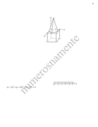 √
num
erosnam
ente
4
7 -
Na figura está representado, em referencial 0.n. OXYZ, um sólido que pode ser decomposto num cubo e numa
pirâmide quadrangular regular. A origem do referencial é um dos vértices do cubo, o vértice P pertence ao eixo
OY. Os vértices da base da pirâmide são os pontos médios dos lados do quadrado [OPQR]. O ponto Q tem de
coordenadas (2,2,0). O volume do sólido é 10.
a) Determina a cota do ponto E
O=(0,0,0) ; Q=(2,2,0) ; R=(0,2,0) ; P=(2,0,0) ; T=(2,0,-2) ; S=(0,0,-2) ; U=(2,2,-2) ; F=(0,2,-2)
B é ponto médio de [PQ] = (2,1,0) ; C é ponto médio de [QR] = (1,2,0)
A é ponto médio de [PO] = (1,0,0) ; D é ponto médio de [OR] = (0,1,0)
As coordenadas do ponto E = (1,1,h) com h = altura da pirâmide
Volume total (Vt)= 10 ; Volume cubo (Vc) =(2x2x2)=8 ; Volume pirâmide (Vp) =(1/3)x(área da base x h)
distância entre [AB]=d[AD]=d[DC]=d[CB] =√2 ;
Volume da pirâmide = (1/3)(√2 x √2 x h) ; Vp=Vt-Vc = 10-8 = 2 ; h = (2x3)/2= 3
Ponto E = (1,1,3)
Determine uma equação da superfície esférica de centro em T e contem o ponto Cb)
Centro T =(2,0,-2) e passa em C=(1,2,0) ; Raio [TC] =
 