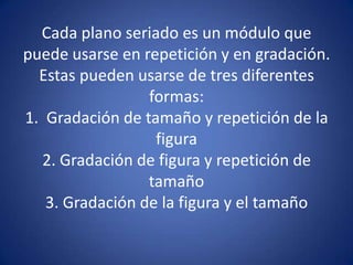 Cada plano seriado es un módulo que
puede usarse en repetición y en gradación.
  Estas pueden usarse de tres diferentes
                 formas:
1. Gradación de tamaño y repetición de la
                  figura
  2. Gradación de figura y repetición de
                 tamaño
   3. Gradación de la figura y el tamaño
 