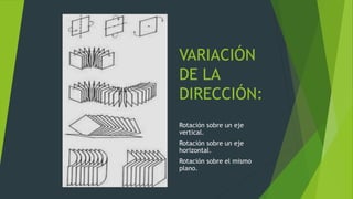 VARIACIÓN
DE LA
DIRECCIÓN:
Rotación sobre un eje
vertical.
Rotación sobre un eje
horizontal.
Rotación sobre el mismo
plano.
 