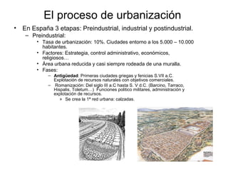 El proceso de urbanización
• En España 3 etapas: Preindustrial, industrial y postindustrial.
– Preindustrial:
• Tasa de urbanización: 10%. Ciudades entorno a los 5.000 – 10.000
habitantes.
• Factores: Estrategia, control administrativo, económicos,
religiosos…
• Área urbana reducida y casi siempre rodeada de una muralla.
• Fases:
– Antigüedad: Primeras ciudades griegas y fenicias S.VII a.C.
Explotación de recursos naturales con objetivos comerciales.
– Romanización: Del siglo III a.C hasta S. V d.C. (Barcino, Tarraco,
Hispalis, Toletum…) Funciones politico militares, administración y
explotación de recursos.
» Se crea la 1ª red urbana: calzadas.
 