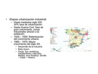 • Etapas urbanización industrial:
– Hasta mediados siglo XIX:
24% tasa de urbanización.
– Hasta Guerra Civil: fase de
gran crecimiento, zonas
industriales atraían a la
población.
– 1939 – 1959: Ralentización
del crecimiento urbano.
– 1960 – 1975: Mayor
crecimiento del siglo XX.
• Desarrollo de la industria
• Baby boom.
• Áreas: Eje cantábrico,
mediterráneo y del Ebro.
Madrid, arco Andaluz: Sevilla
– Cádiz – Huelva.
 