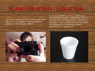EL PLANO SUBJETIVO ES LA TOMA QUE
                                       NOS MUESTRA DIRECTAMENTE EL PUNTO
EL PLANO OBJETIVO ES LA TOMA QUE NOS   DE VISTA DE UN PERSONAJE Y VEMOS LA
MUESTRA UN OBJETO, PERSOINAJE, ETC     ACCIÓN Y LOS ACONTECIMIENTOS COMO
DESDE LA VISTA DE EL MISMO.            SI FUÉSEMOS EL PERSONAJE MISMO
                                       DENTRO DE LA PELÍCULA.
 