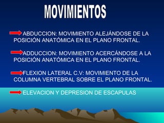 ABDUCCION: MOVIMIENTO ALEJÁNDOSE DE LA
POSICIÓN ANATÓMICA EN EL PLANO FRONTAL.
ADDUCCION: MOVIMIENTO ACERCÁNDOSE A LA
POSICIÓN ANATÓMICA EN EL PLANO FRONTAL.
FLEXION LATERAL C.V: MOVIMIENTO DE LA
COLUMNA VERTEBRAL SOBRE EL PLANO FRONTAL.
ELEVACION Y DEPRESION DE ESCAPULAS
 