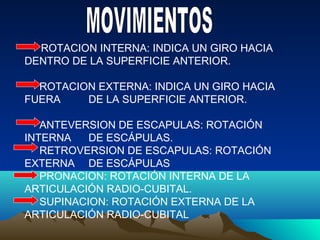 ROTACION INTERNA: INDICA UN GIRO HACIA
DENTRO DE LA SUPERFICIE ANTERIOR.
ROTACION EXTERNA: INDICA UN GIRO HACIA
FUERA DE LA SUPERFICIE ANTERIOR.
ANTEVERSION DE ESCAPULAS: ROTACIÓN
INTERNA DE ESCÁPULAS.
RETROVERSION DE ESCAPULAS: ROTACIÓN
EXTERNA DE ESCÁPULAS
PRONACION: ROTACIÓN INTERNA DE LA
ARTICULACIÓN RADIO-CUBITAL.
SUPINACION: ROTACIÓN EXTERNA DE LA
ARTICULACIÓN RADIO-CUBITAL
 
