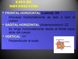 EJES DE
  MOVIMIENTOS
FRONTAL-HORIZONTAL (Lateral): XX
  Atraviesa horizontalmente de lado a lado el
  cuerpo
SAGITAL-HORIZONTAL (Anteroposterior): ZZ
  Se dirige horizontalmente desde al frente hasta
  atrás del cuerpo
VERTICAL: YY
  Perpendicular al suelo
 