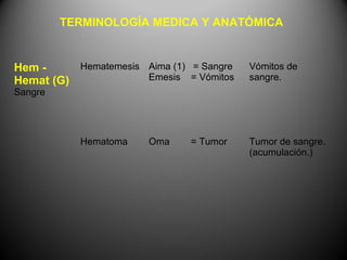 TERMINOLOGÍA MEDICA Y ANATÓMICA


Hem -     Hematemesis Aima (1) = Sangre   Vómitos de
Hemat (G)             Emesis = Vómitos    sangre.
Sangre




           Hematoma    Oma     = Tumor    Tumor de sangre.
                                          (acumulación.)
 