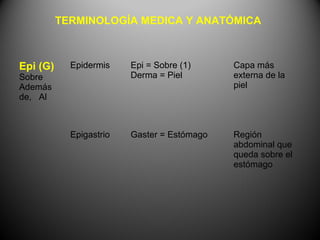 TERMINOLOGÍA MEDICA Y ANATÓMICA



Epi (G)     Epidermis    Epi = Sobre (1)     Capa más
Sobre                    Derma = Piel        externa de la
Además                                       piel
de, Al



            Epigastrio   Gaster = Estómago   Región
                                             abdominal que
                                             queda sobre el
                                             estómago
 