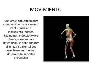 MOVIMIENTO Una vez se han estudiado y comprendido las estructuras involucradas en el movimiento (huesos, ligamentos, múscu...